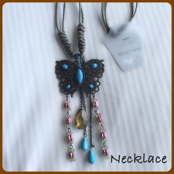 Butterfly Long Boho Necklace With Colored Stones Brand New - Picture 2 of 2